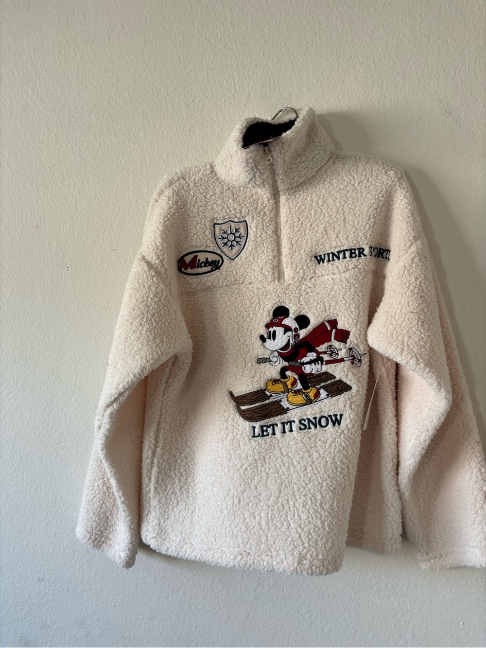 Disney Mickey Mouse cream fleece quarter zip sweatshirt winter sherpa off white